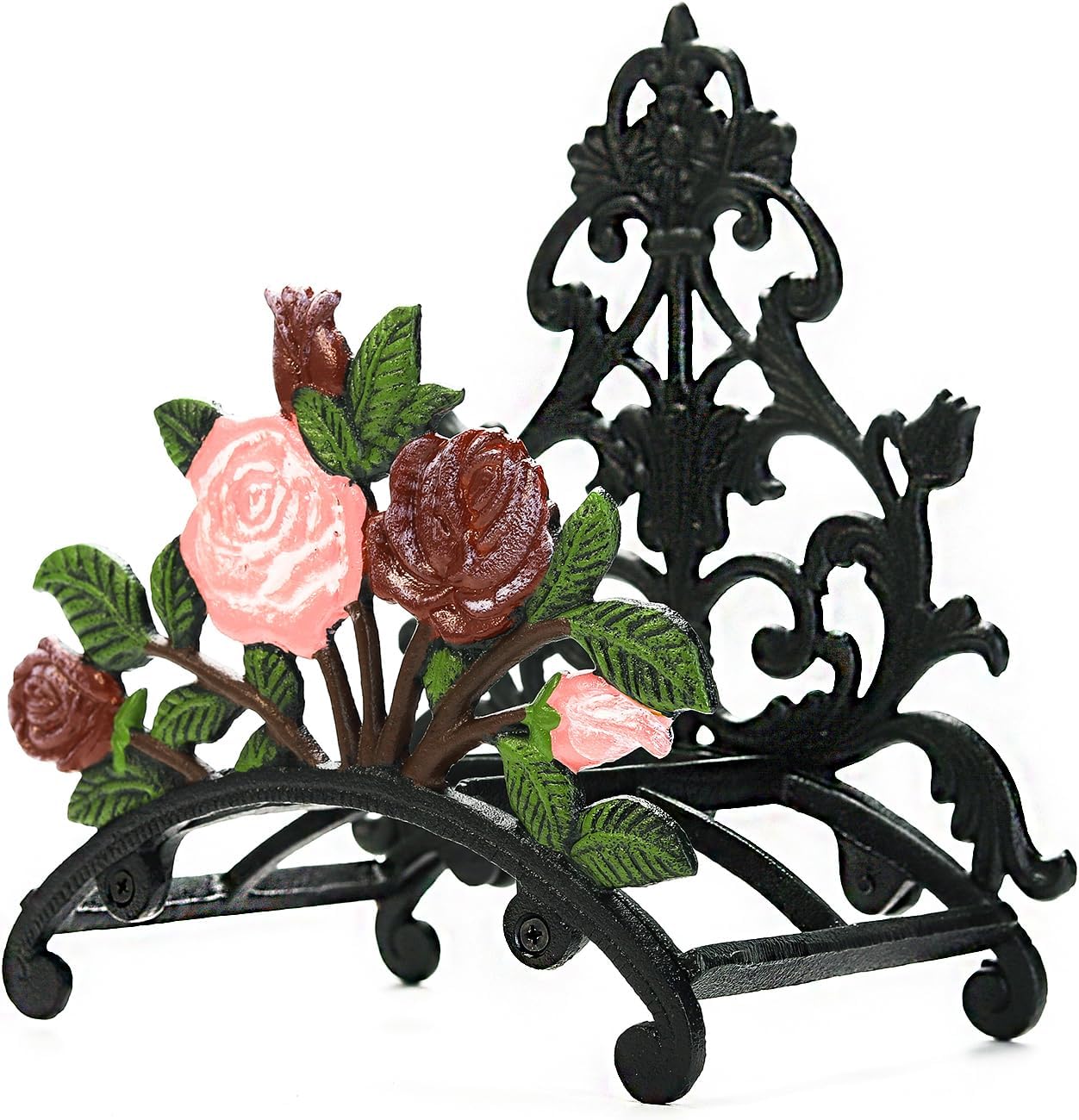 Cast Iron Heavy Duty Garden Hose Holder - Decorative Hand-Painted Peony Wall Mounted Water Hose Hanger - Wall Decoration Hanging Hose Rack - Hose Reel Storage Butler - Metal Hose Stand